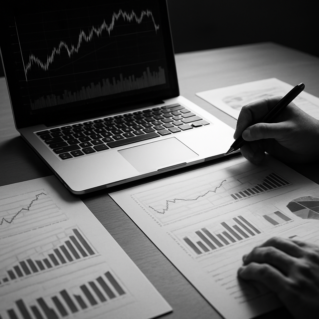 Análisis de reportes financieros y datos sobre un escritorio